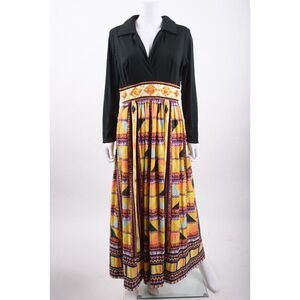 Vintage Womans 70s Maxi Dress Gown Black Multicolor Beaded Colorful Geometric M